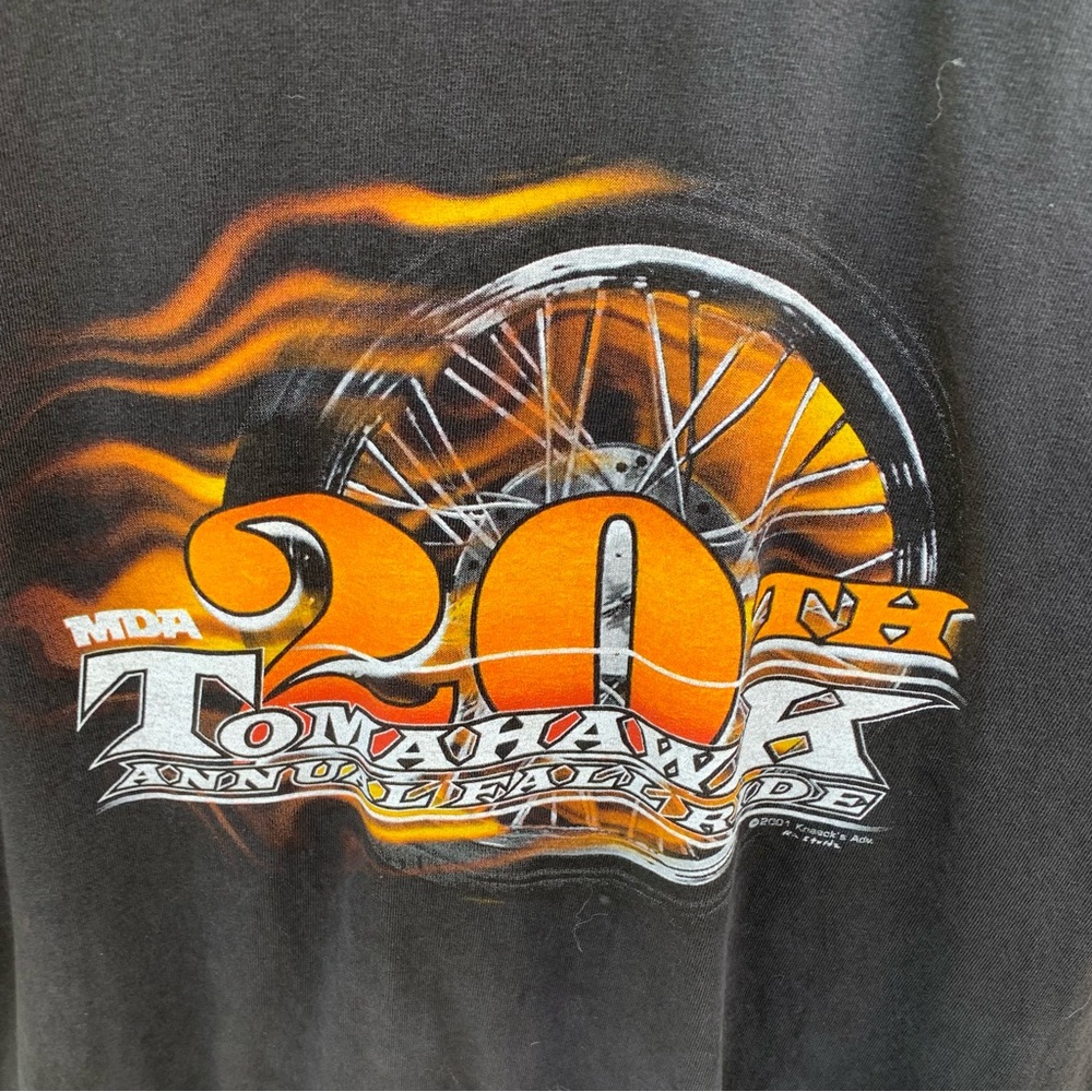 2001 20th Fall Ride Tomahawk Black Graphic Tee with Orange and Silver graphics
